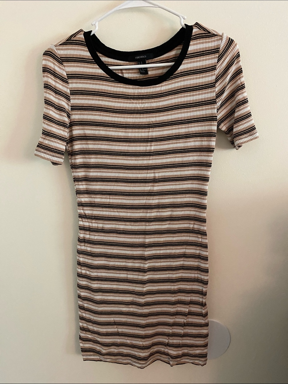 Forever 21 Ribbed Striped Mini Dress in Beige, Brown, and Black